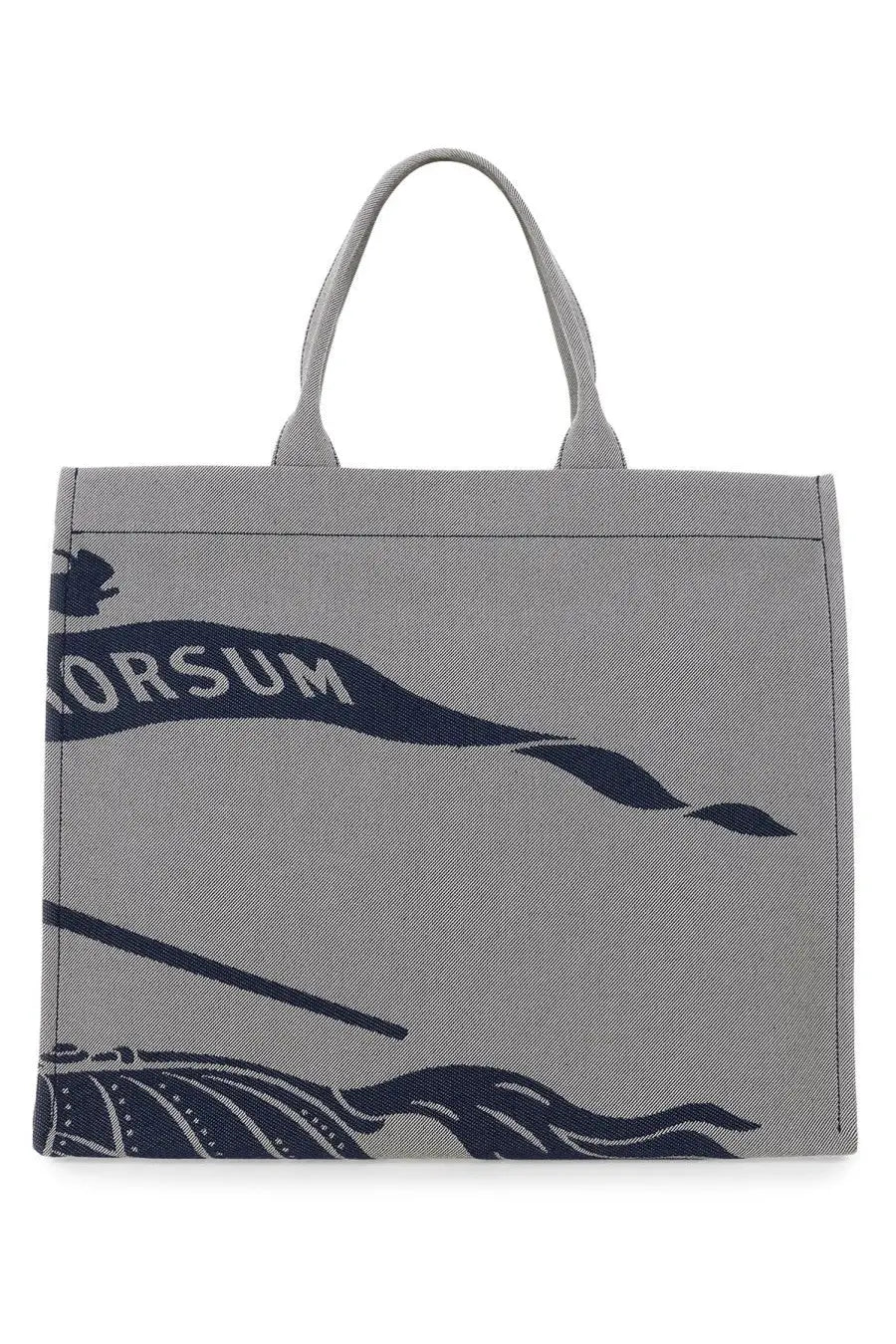 Burberry men’s gray canvas tote bag with navy blue orsum banner and stylized wave graphic print
