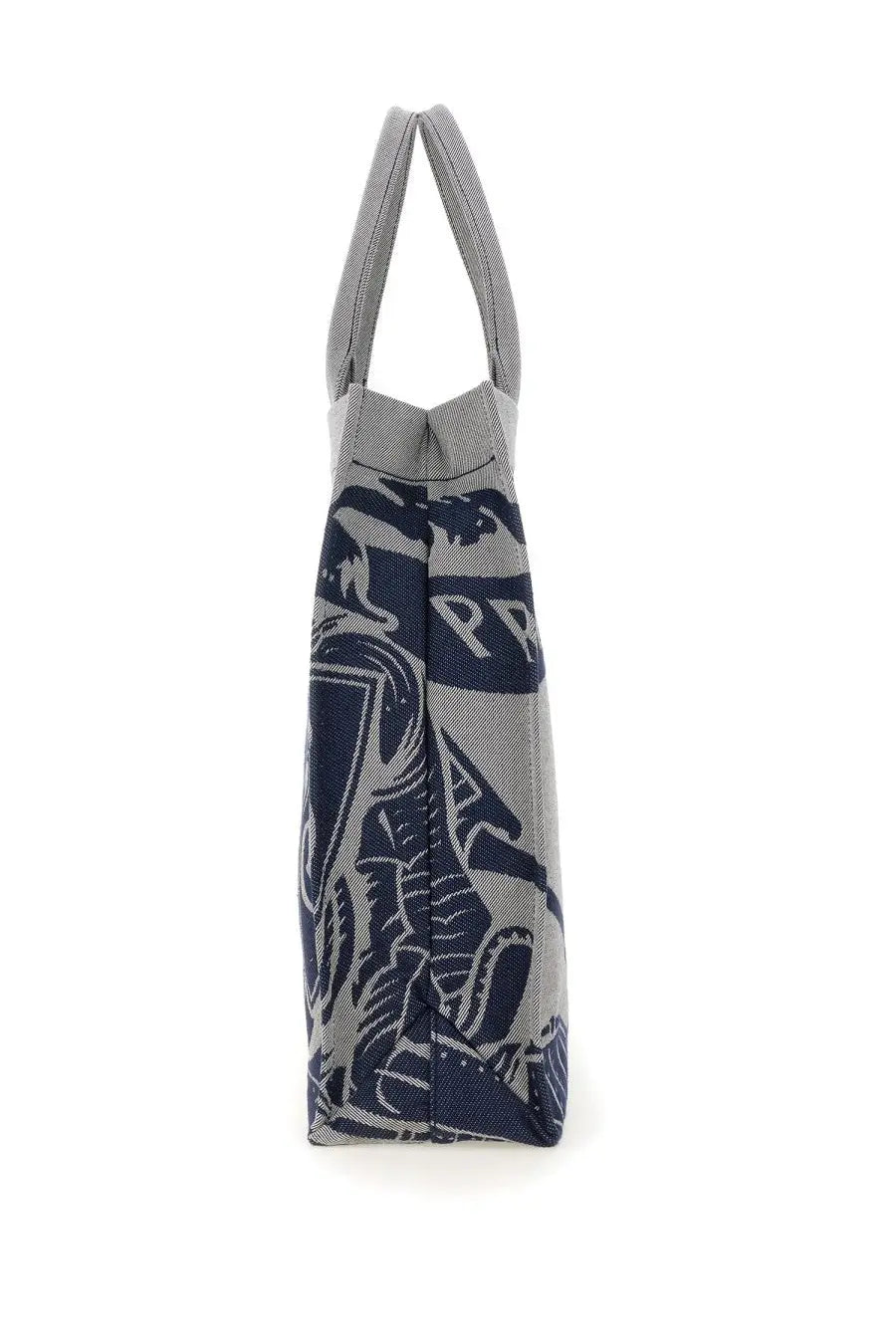 Burberry men’s grey canvas tote bag with navy blue embroidered lion and prr logo design
