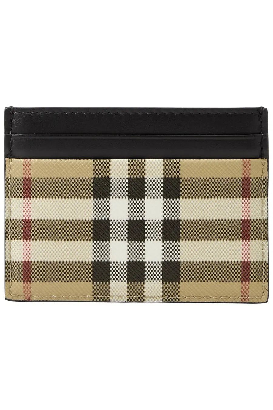 Burberry men’s card holder in beige check pattern with black leather trim for stylish everyday use