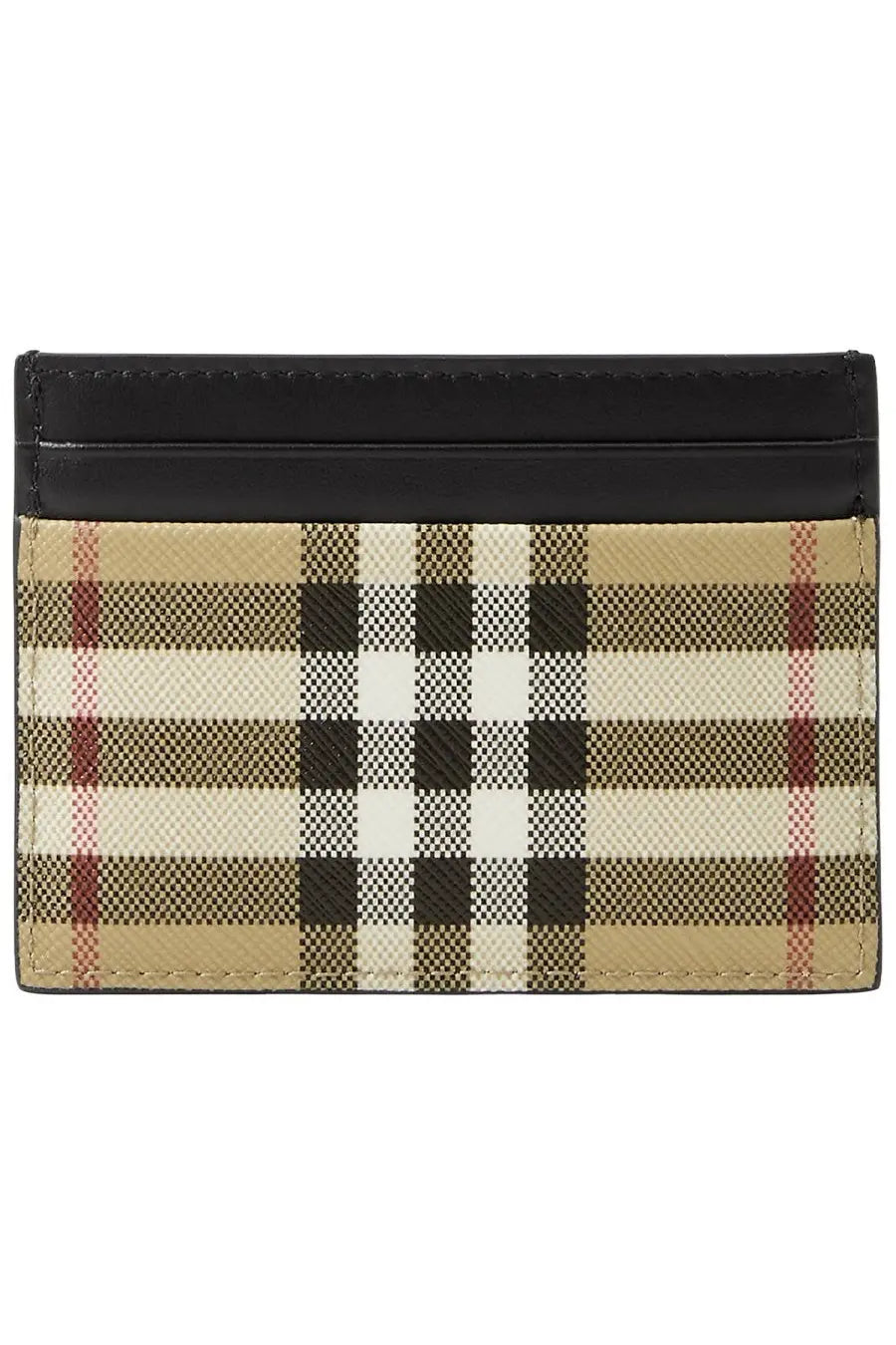 Burberry men’s check beige card holder with beige black and red checkered pattern and sleek black leather top edge