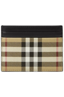 Beige black and red checkered Burberry men’s card holder with a sleek black leather top edge for stylish organization