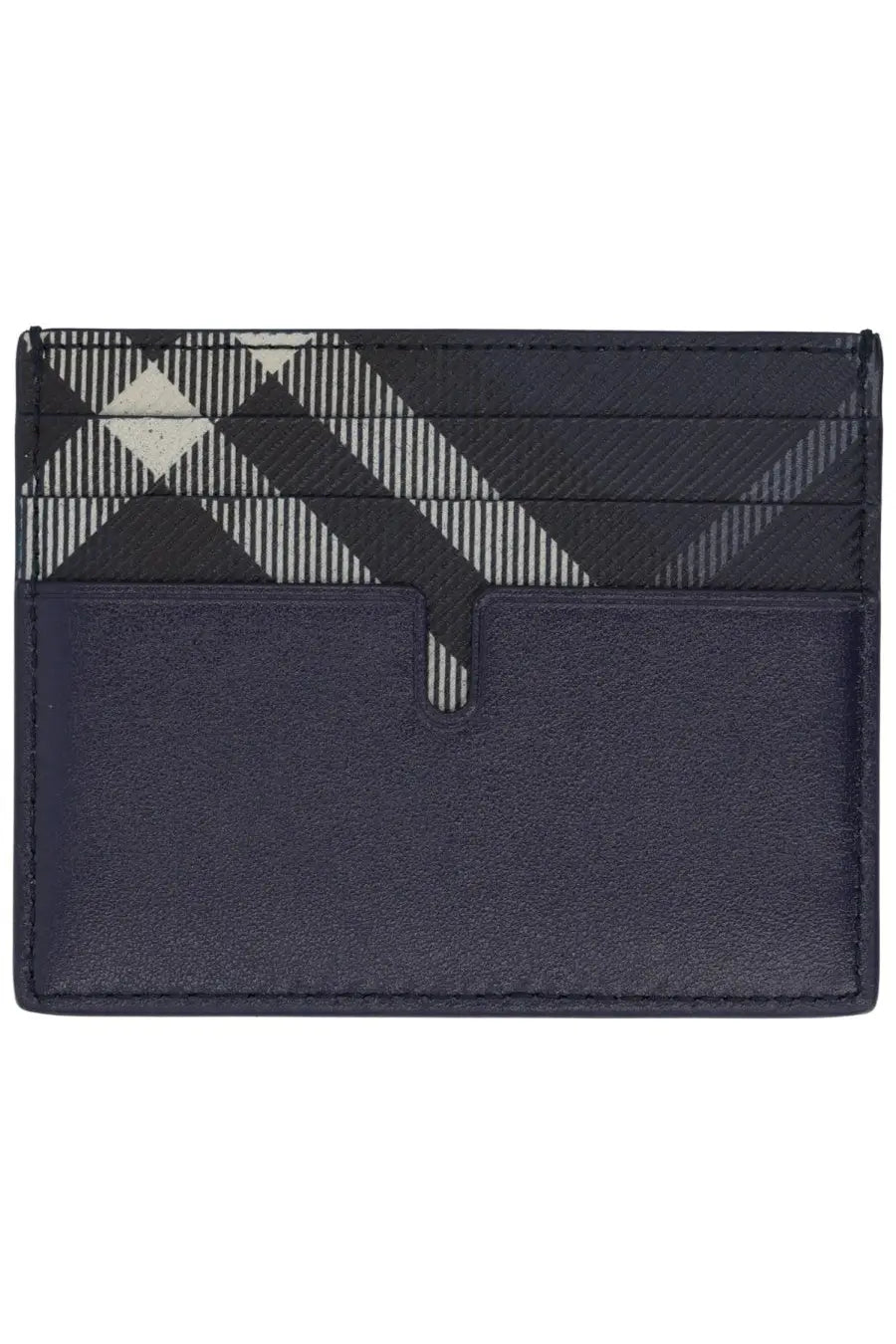 Burberry men’s dark navy leather card holder with black white gray checkered pattern on the top half