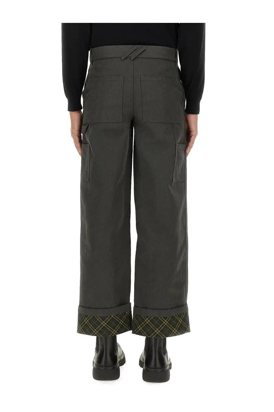 Burberry men’s carpenter pants grey dark olive cargo style with rolled cuffs revealing plaid lining