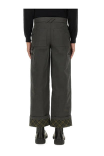 Burberry men’s carpenter pants grey dark olive cargo style with rolled cuffs revealing plaid lining
