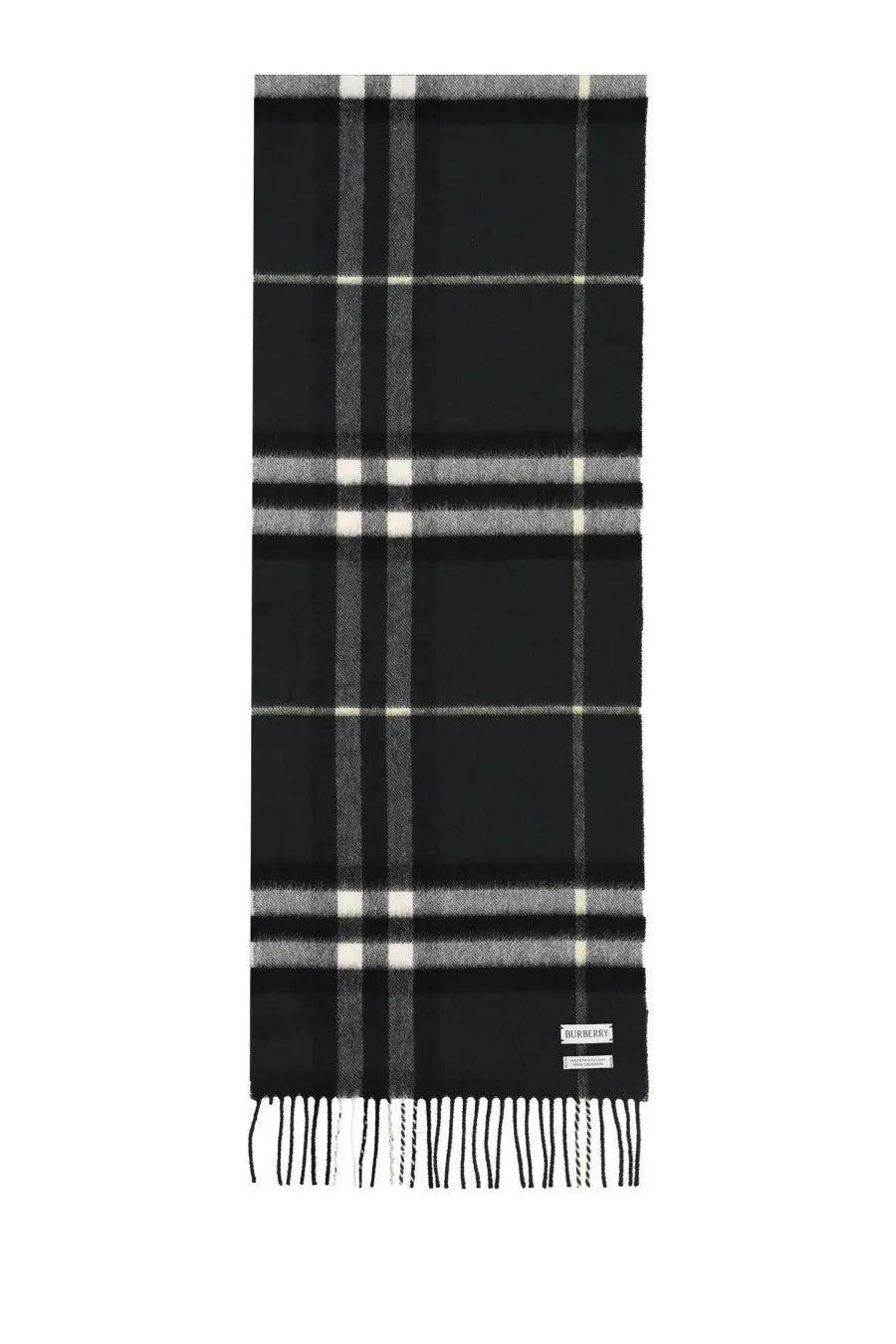 Burberry men’s cashmere check scarf in black with white and grey plaid stripes and fringed ends