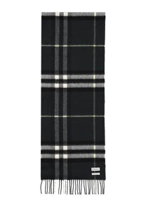 Burberry men’s cashmere check scarf in black with white and grey plaid stripes and fringed ends