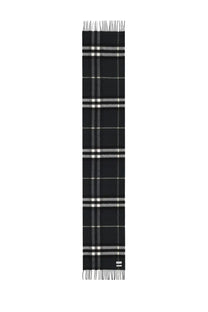 Burberry men’s cashmere check scarf in black with classic black and white checkered plaid pattern and fringed ends