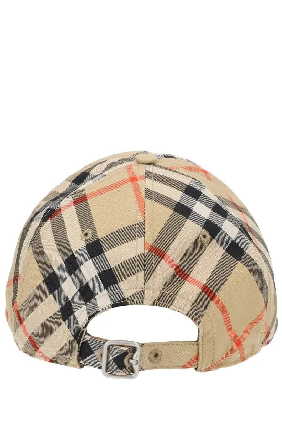 Beige black white and red checkered Burberry men’s baseball hat with silver buckle shown from the back side