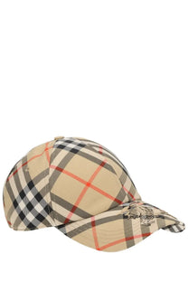 Beige black white and red checkered Burberry men’s baseball cap with embroidered logo on the brim
