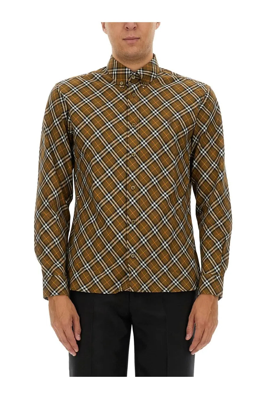 Burberry men’s long-sleeved button-up shirt in brown and white plaid with traditional collar and matching buttons