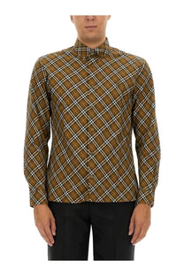 Burberry men’s long-sleeved button-up shirt in brown and white plaid with traditional collar and matching buttons