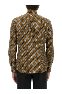 Burberry men’s check shirt multicolor in brown and white plaid with tailored fit and button-down back shown from the back