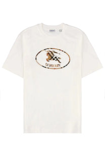 White Burberry men’s check shirt featuring a central oval logo with horse and rider in classic check pattern and embroidered border