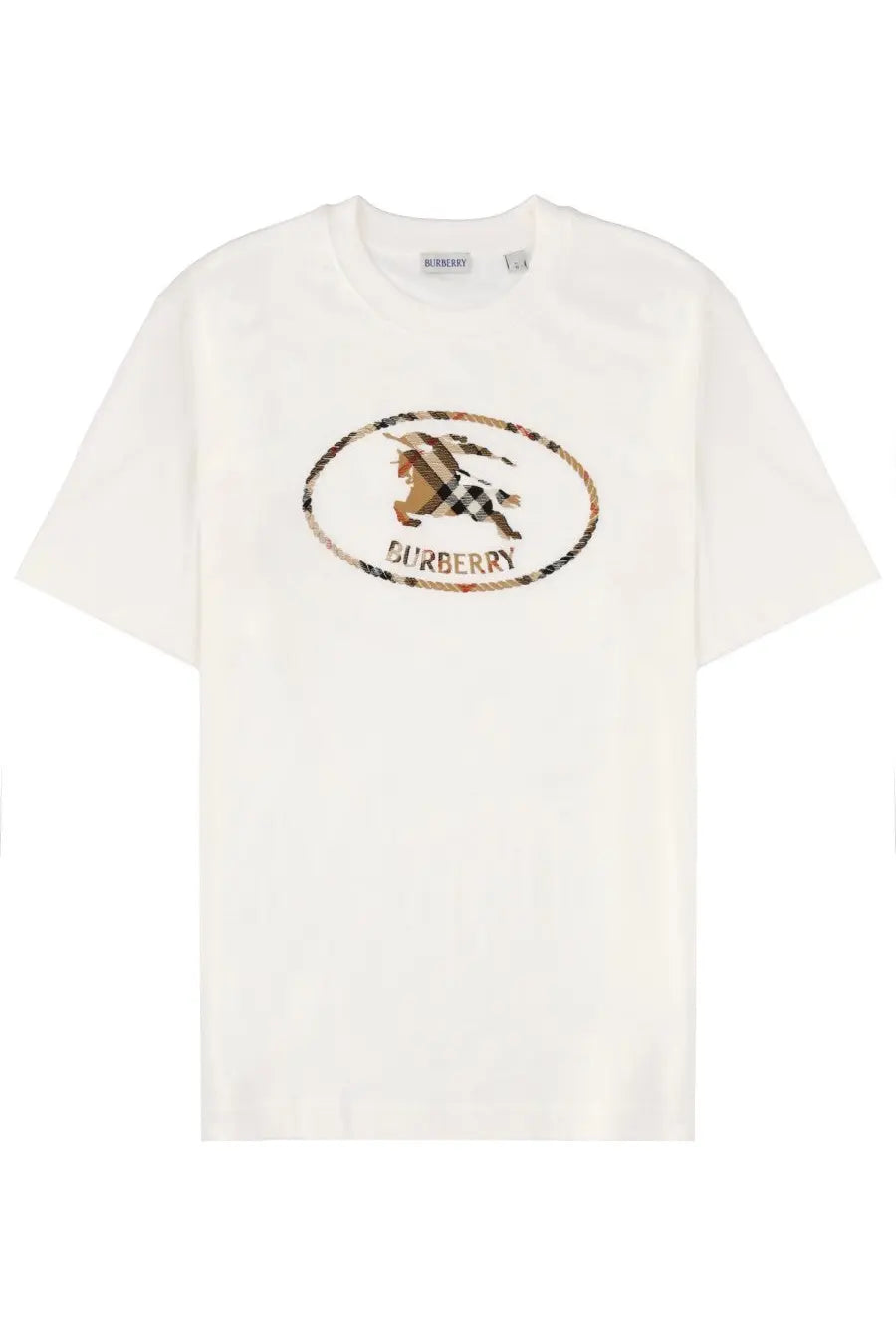 Burberry men’s white t-shirt with central oval logo featuring horse rider in classic check pattern and embroidered border