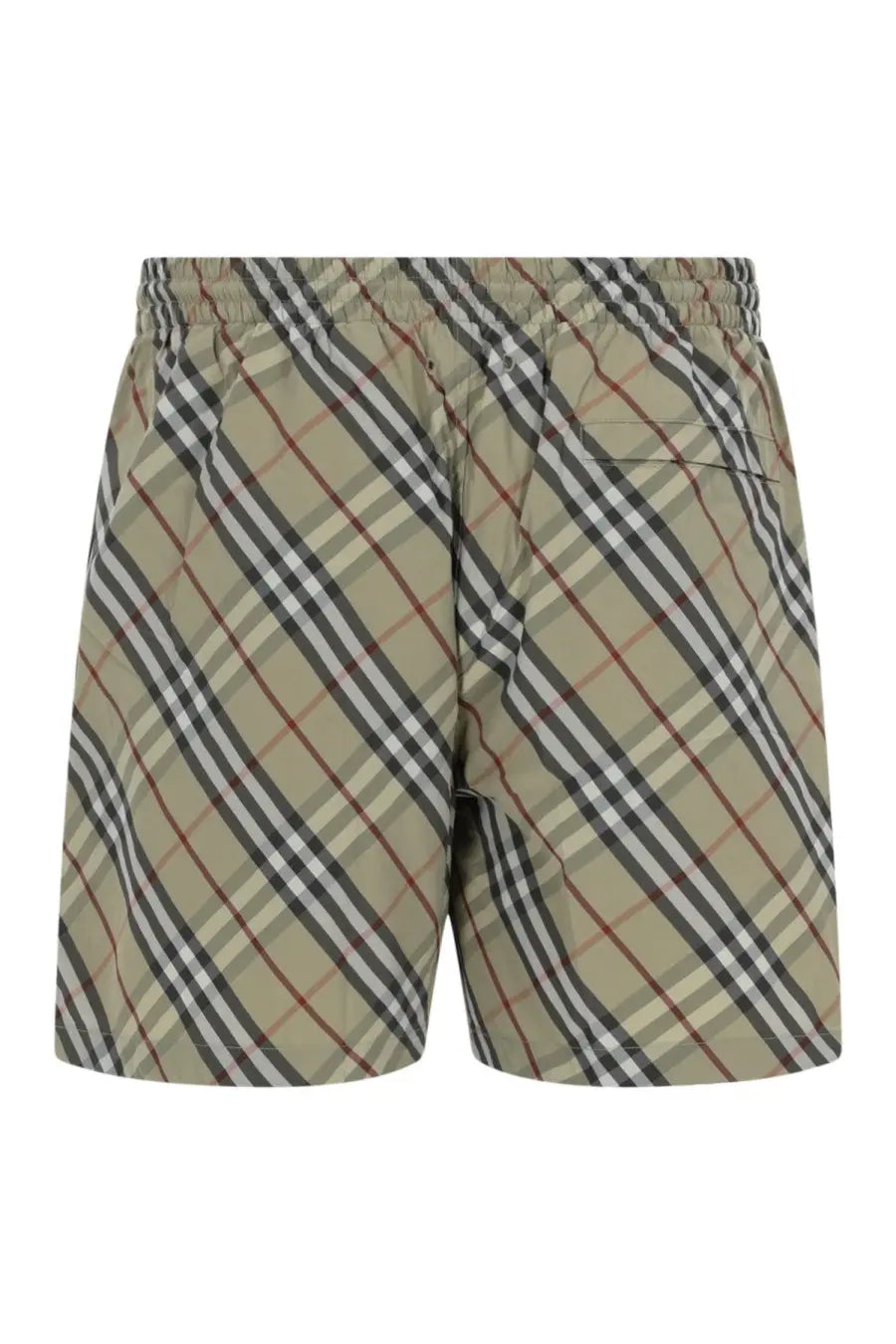 Burberry men’s check swimsuit green beige and black diagonal striped swim trunks with red accent and elastic waistband
