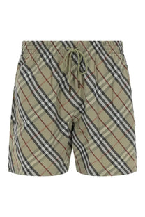 Burberry men’s check swimsuit green beige and black plaid swim trunks with drawstring waistband for swimming