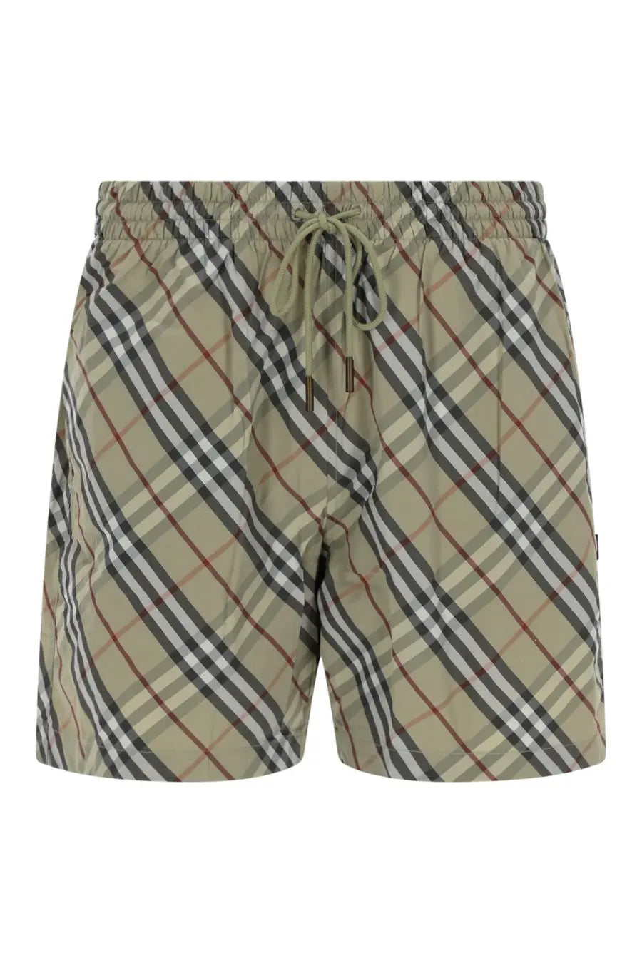 Burberry men’s check swimsuit in beige and black plaid with drawstring waistband for swimwear use