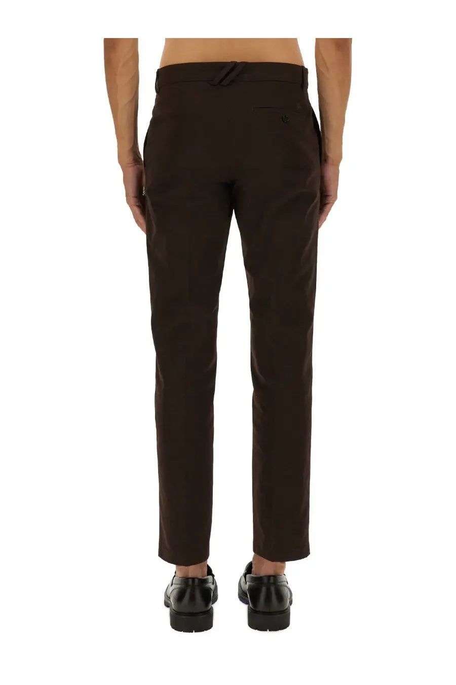 Burberry men’s dark brown cotton chino pants with tailored straight-leg cut and subtle stitching details