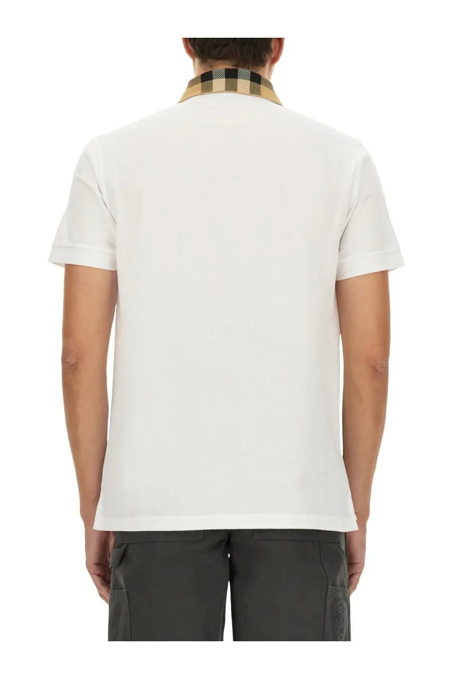 Burberry men’s white cotton pique polo shirt with short sleeves and beige and black checkered collar classic fit
