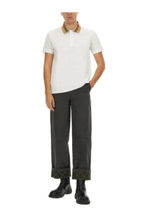 Burberry men’s white cotton pique polo shirt with beige and brown checkered collar for casual wear