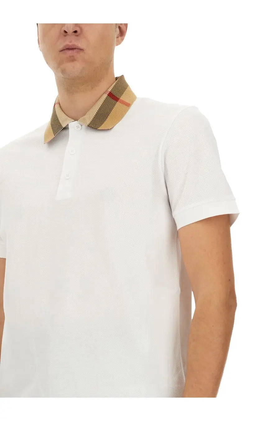 Burberry men’s cotton pique polo white with beige brown and red checkered collar featuring iconic Burberry pattern