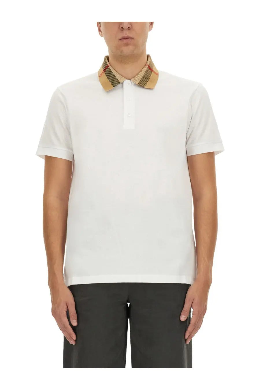 Burberry men’s white cotton pique polo shirt with a beige brown and red striped collar featuring the iconic check pattern