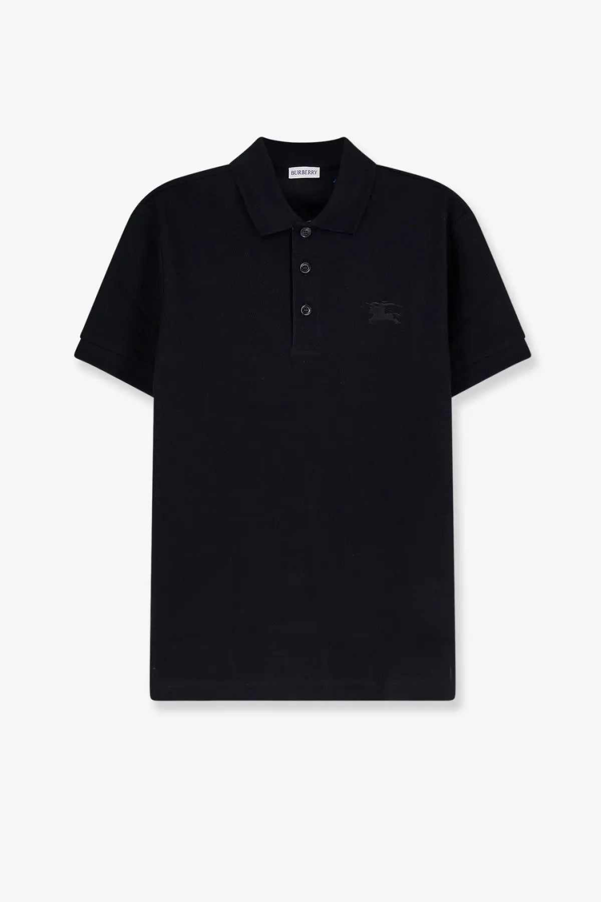 Burberry men’s black cotton polo shirt with short sleeves subtle embroidered logo and matching buttons on the chest