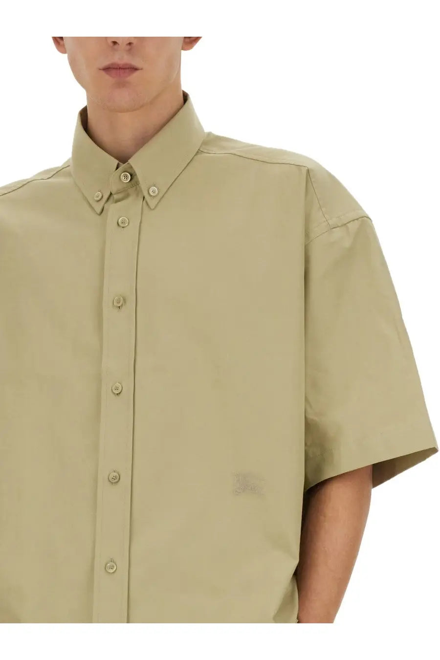 Burberry men’s cotton shirt beige featuring a khaki short-sleeved button-down design with a classic collar and matching buttons