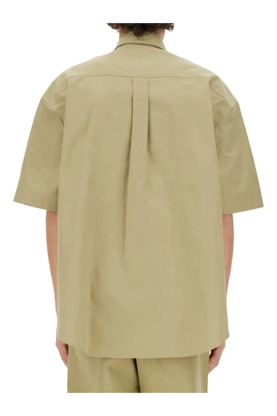 Burberry men’s cotton shirt beige in khaki with short sleeves, relaxed fit, and subtle pleats on the back side