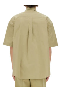 Burberry men’s cotton shirt beige in khaki with short sleeves, relaxed fit, and subtle pleats on the back side