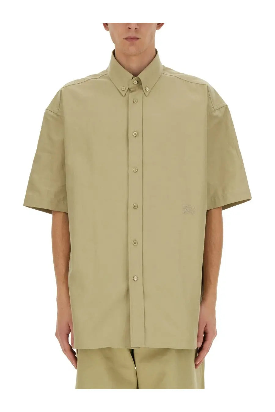 Beige burberry men’s cotton short-sleeved button-down shirt with subtle embroidered logo on left chest