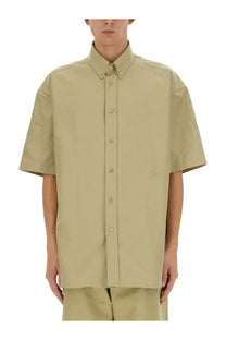 Beige burberry men’s cotton short-sleeved button-down shirt with subtle embroidered logo on left chest