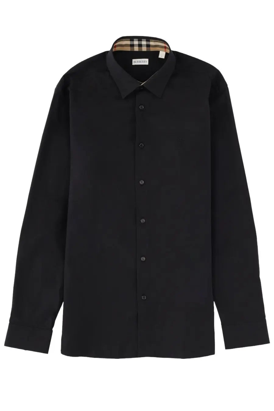 Black Burberry men’s cotton long-sleeved button-down shirt with classic collar and signature check lining inside