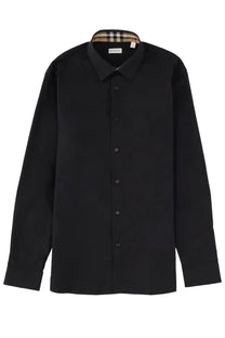 Black Burberry men’s cotton long-sleeved button-down shirt with classic collar and signature check lining inside