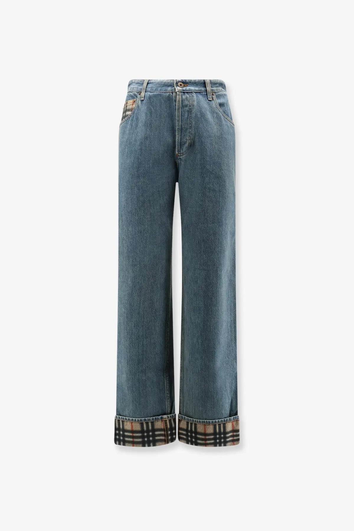 Burberry men’s dexter jeans blue denim wide-leg trousers with classic plaid lining at the cuffs