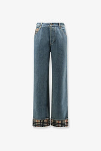 Burberry men’s dexter jeans blue denim wide-leg trousers with classic plaid lining at the cuffs