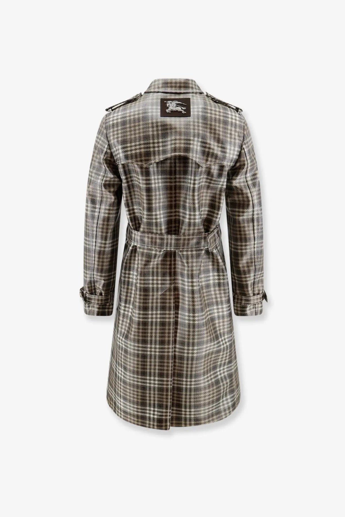 Burberry men’s Foxfield Madras trench white showing the back in grey and white plaid with logo patch