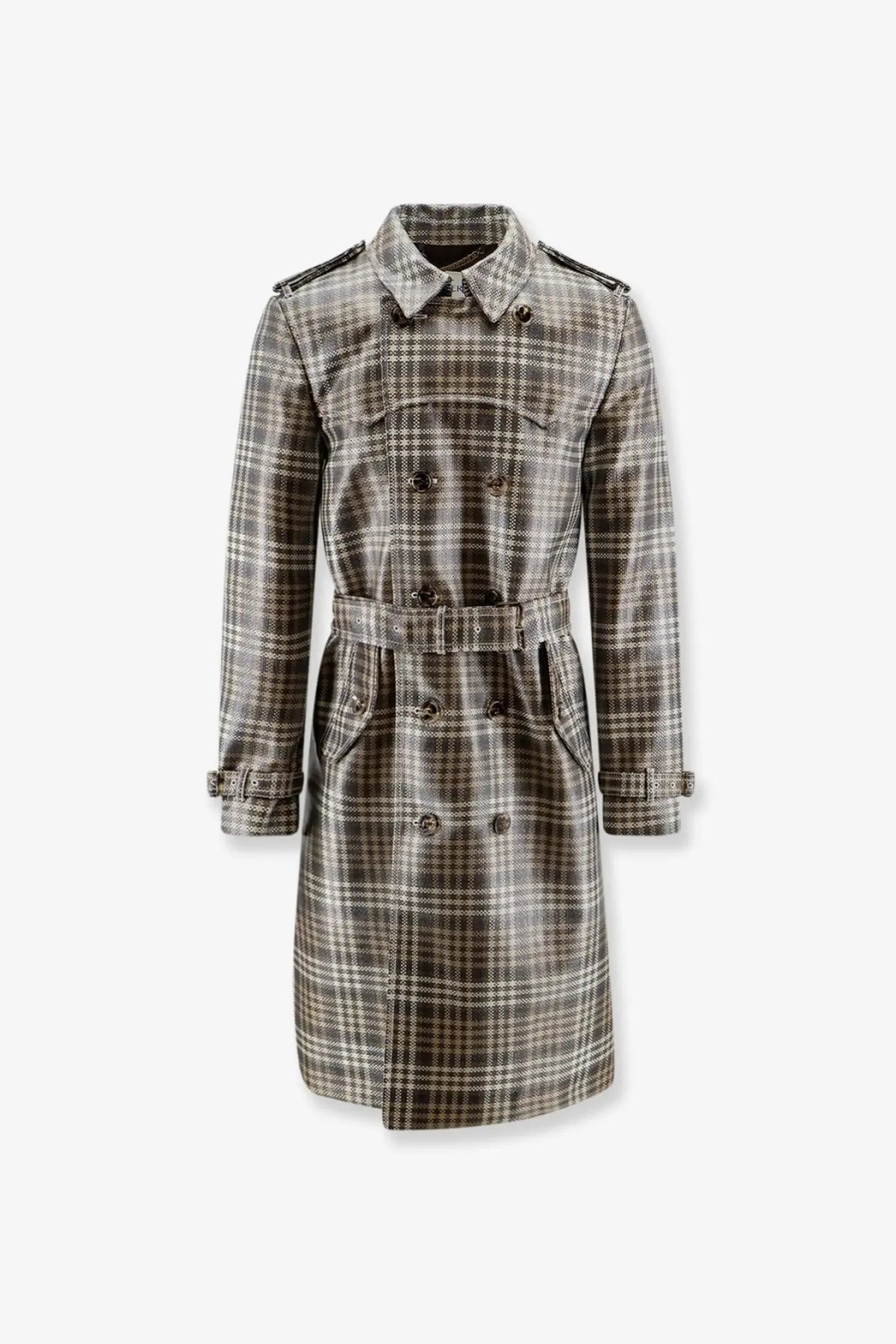 Burberry men’s foxfield madras trench white double-breasted coat in gray and white plaid with belt and epaulets