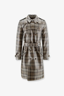 Burberry men’s foxfield madras trench white double-breasted coat in gray and white plaid with belt and epaulets