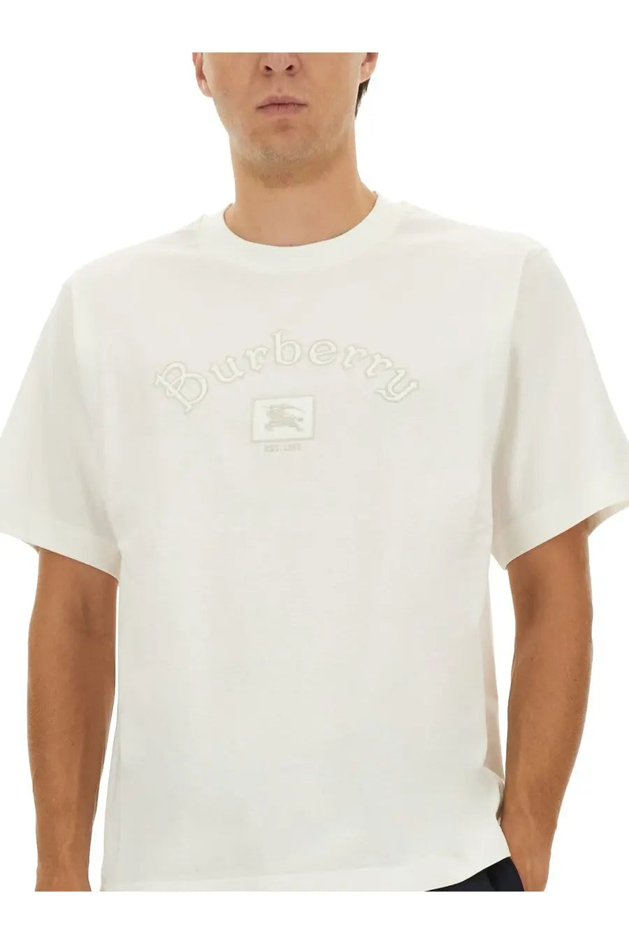Burberry men’s white gothic shirt featuring embroidered logo and crest on soft cotton fabric
