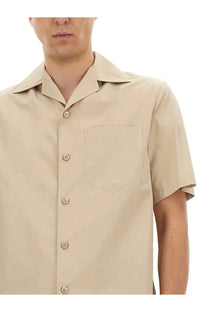 Burberry men’s beige short-sleeved button-up shirt with collar and chest pocket in lightweight fabric
