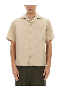 Burberry men’s Havana beige short-sleeved button-up shirt with collar and chest pocket in lightweight fabric