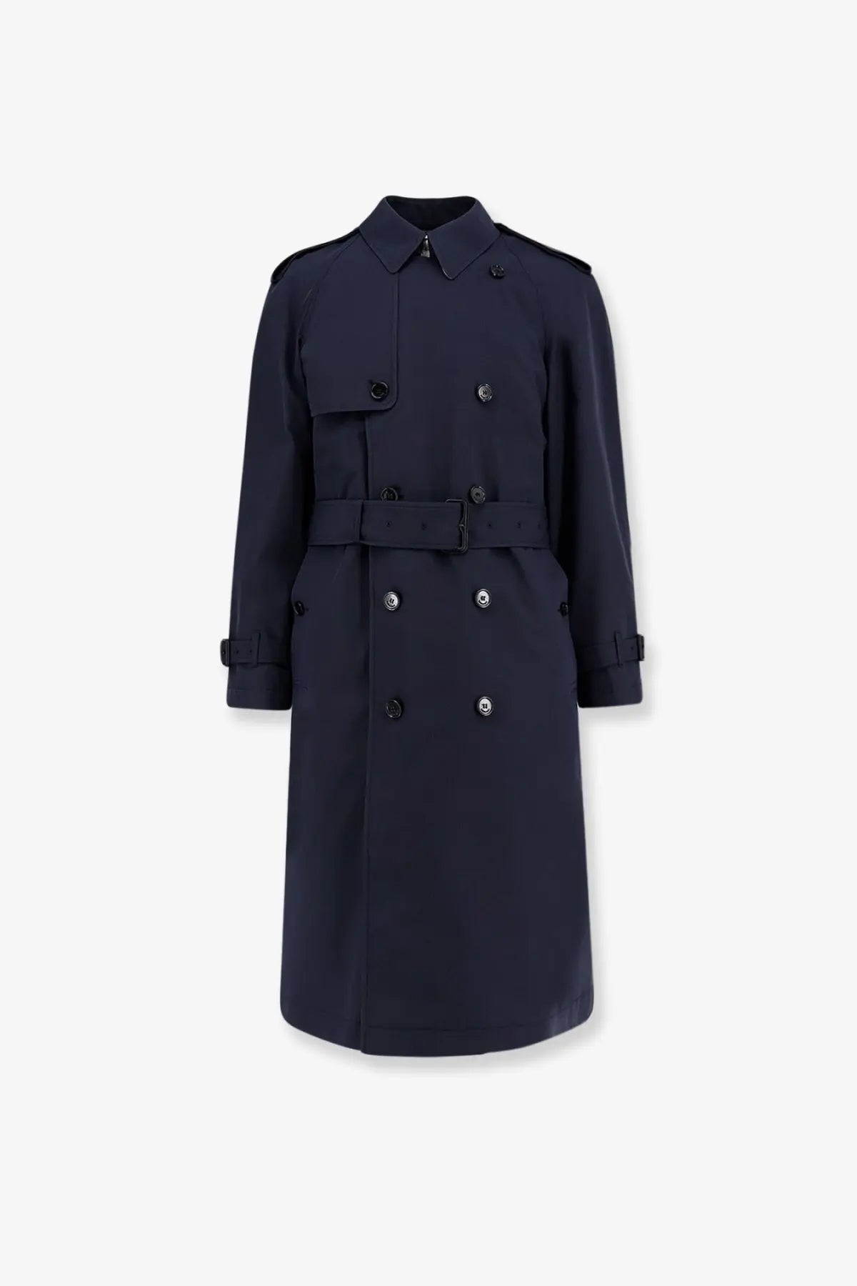 Burberry men’s highbury dark navy cotton blend trench coat with belted waist double-breasted front and black buttons