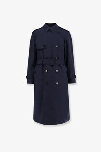 Burberry men’s highbury dark navy cotton blend trench coat with belted waist double-breasted front and black buttons