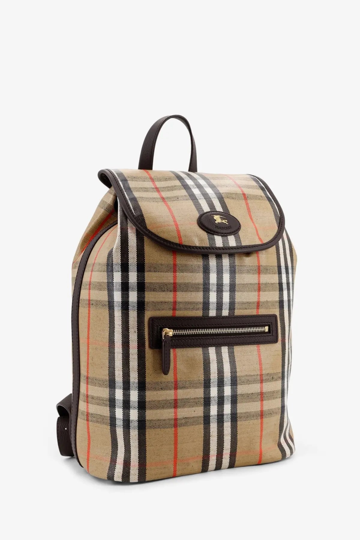 Burberry men’s highs coated canvas backpack in beige with black plaid, brown leather trim, front zipper pocket, and logo plaque