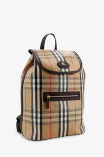 Burberry men’s highs coated canvas backpack in beige with black plaid, brown leather trim, front zipper pocket, and logo plaque