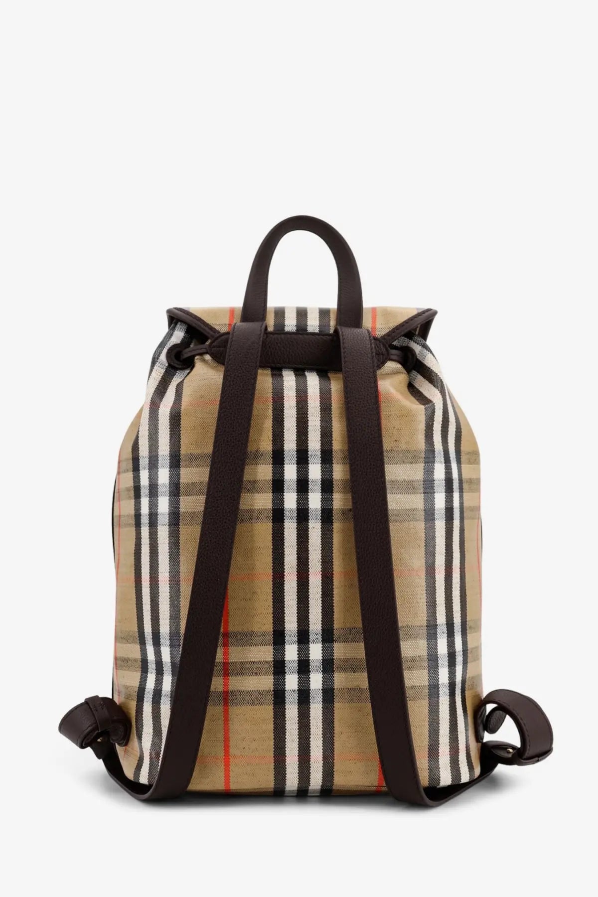 Beige and black plaid coated canvas Burberry men’s Highlands backpack with brown leather straps and top handle