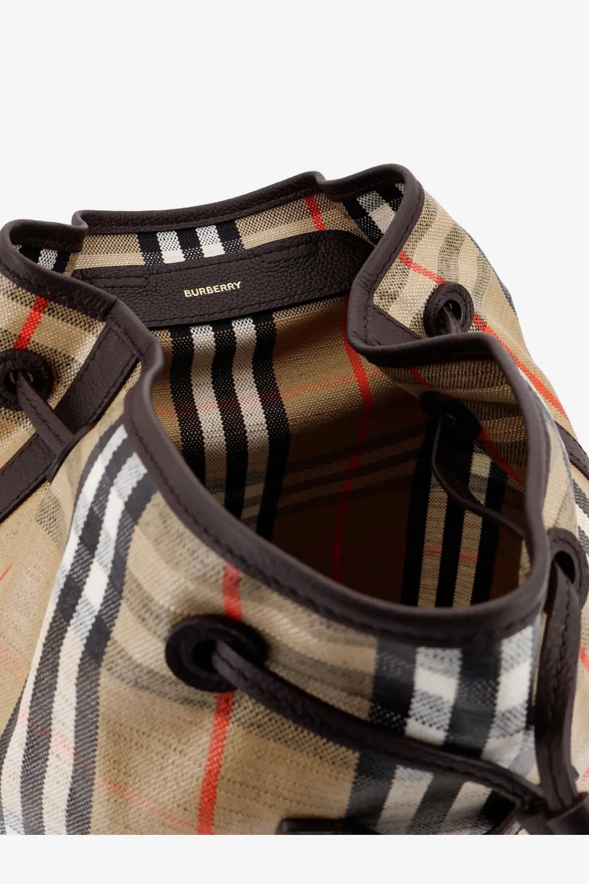 Beige black and red checkered burberry bucket bag with brown leather trim in burberry men’s highlands coated canvas backpack beige