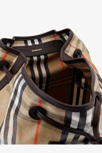 Beige black and red checkered burberry bucket bag with brown leather trim in burberry men’s highlands coated canvas backpack beige