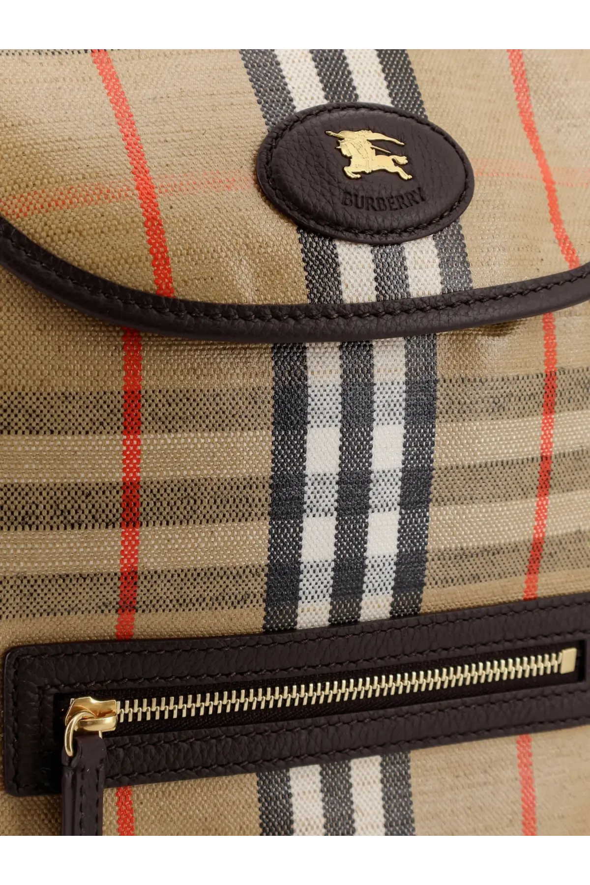 Burberry men’s Highlands beige checkered canvas backpack with black red pattern brown leather trim and gold-tone zipper